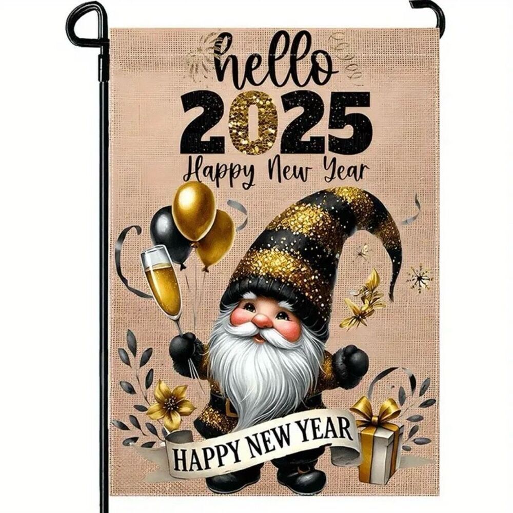 Happy New Year Garden Flag Holiday Gnome Fireworks Home Decor Brand New